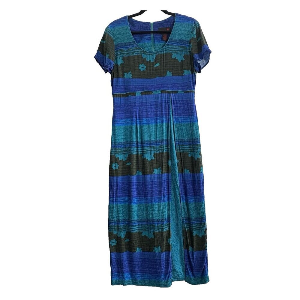 Vtg MISS SCARLETT Women Maxi Dress Sz 10‎ Blue Rayon Short Sleeve Boho 79-12